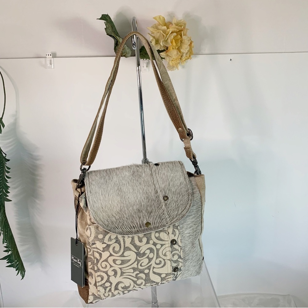 Myra Bag Factual Upcycled Canvas & Cowhide Messenger Bag S-1487 - Picture 3 of 6